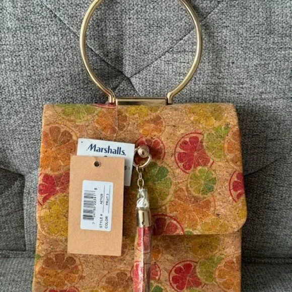 Savanna Fruit Cork Boho / Bohemian Spring Cork Bag / Purse Tan/ Orange and Green - Picture 2 of 6